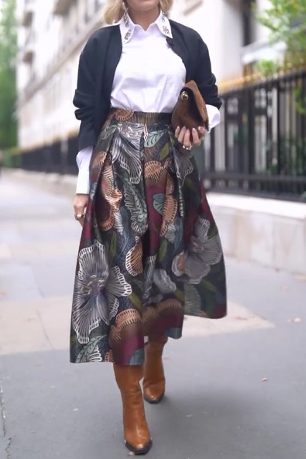 Women Simple High-Neck Slim Fit T-Shirt + Retro Floral Pattern A-Line Skirt Suit