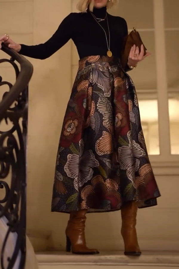 Women Simple High-Neck Slim Fit T-Shirt + Retro Floral Pattern A-Line Skirt Suit