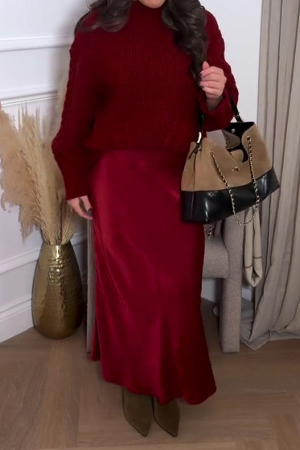 Women Christmas Elegant Soft Pullover Sweater + Satin Skirt Suit