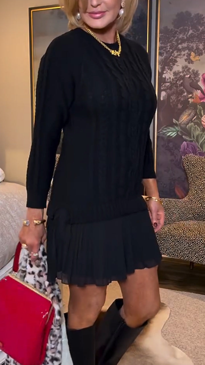 Women Round Neck Twist Braided Patchwork Elegant Casual Sweater Dress