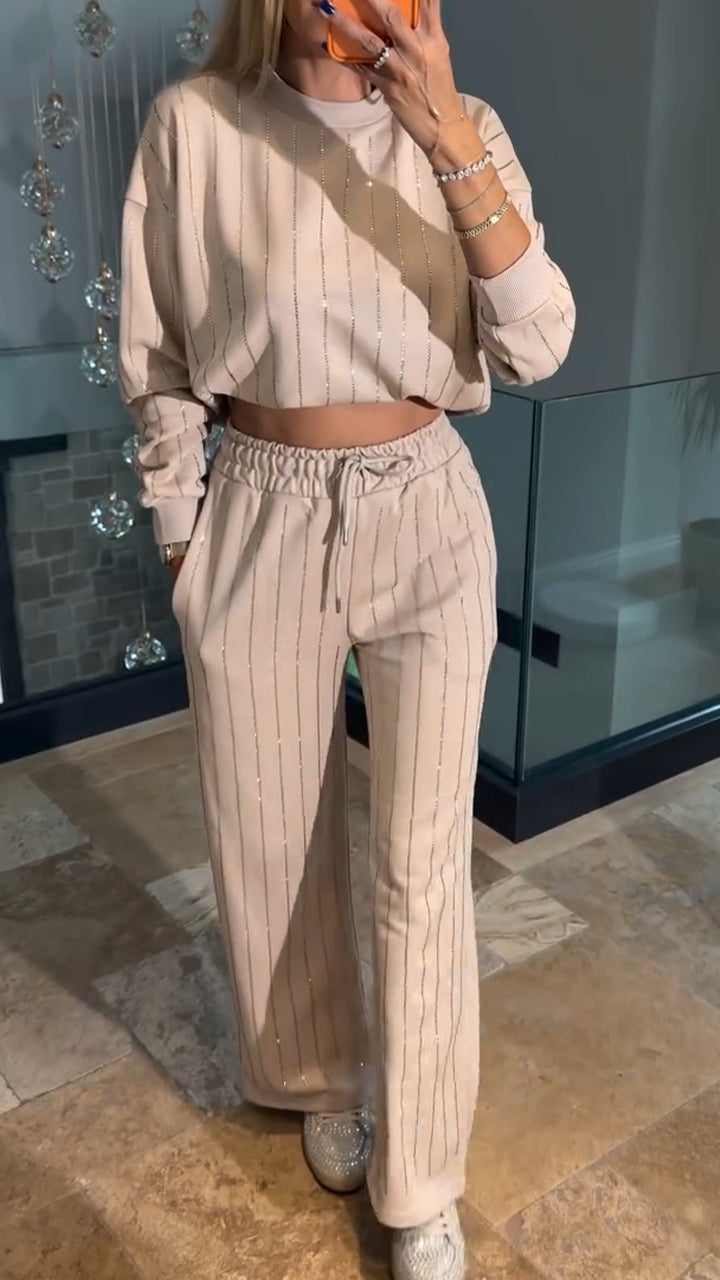 Ladies Round Neck Vertical Stripe Top+ Drawstring Pants Casual Set