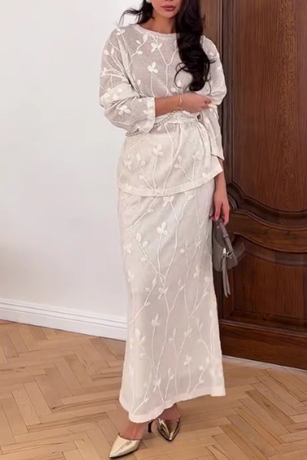 Women Elegant Embroidered Textured Round Neck Tie-Waist Top + Skirt Suit
