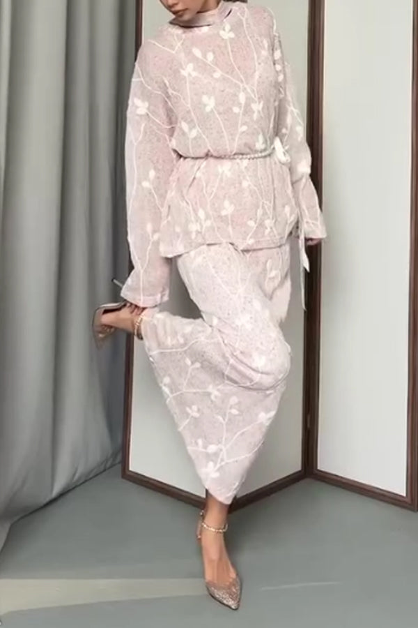 Women Elegant Embroidered Textured Round Neck Tie-Waist Top + Skirt Suit