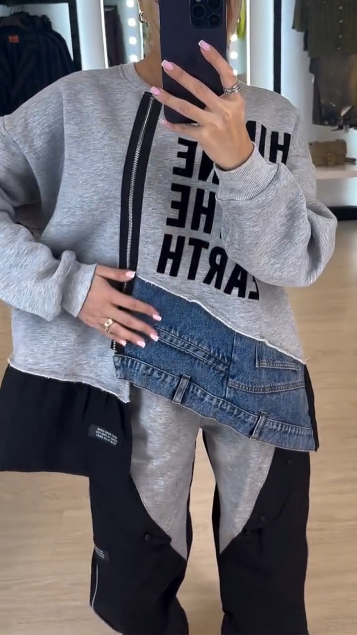 Women Round Neck Printed Letter Stitching Denim Zipper Casual Suit