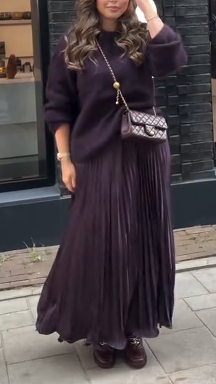 Women Round Neck Knitted Sweater + Pleated Skirt Solid Color Elegant Casual Suit