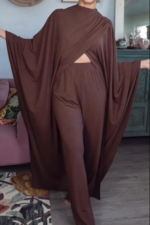 Women Elegant Overlapping Slit Extra-Long Sleeve Top + Pants Suit