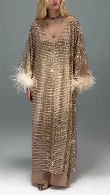 Ladies V-neck Spliced Sleeve Woolen Strip Design Rhinestone Glitter Elegant Temperament Dinner Party Dress