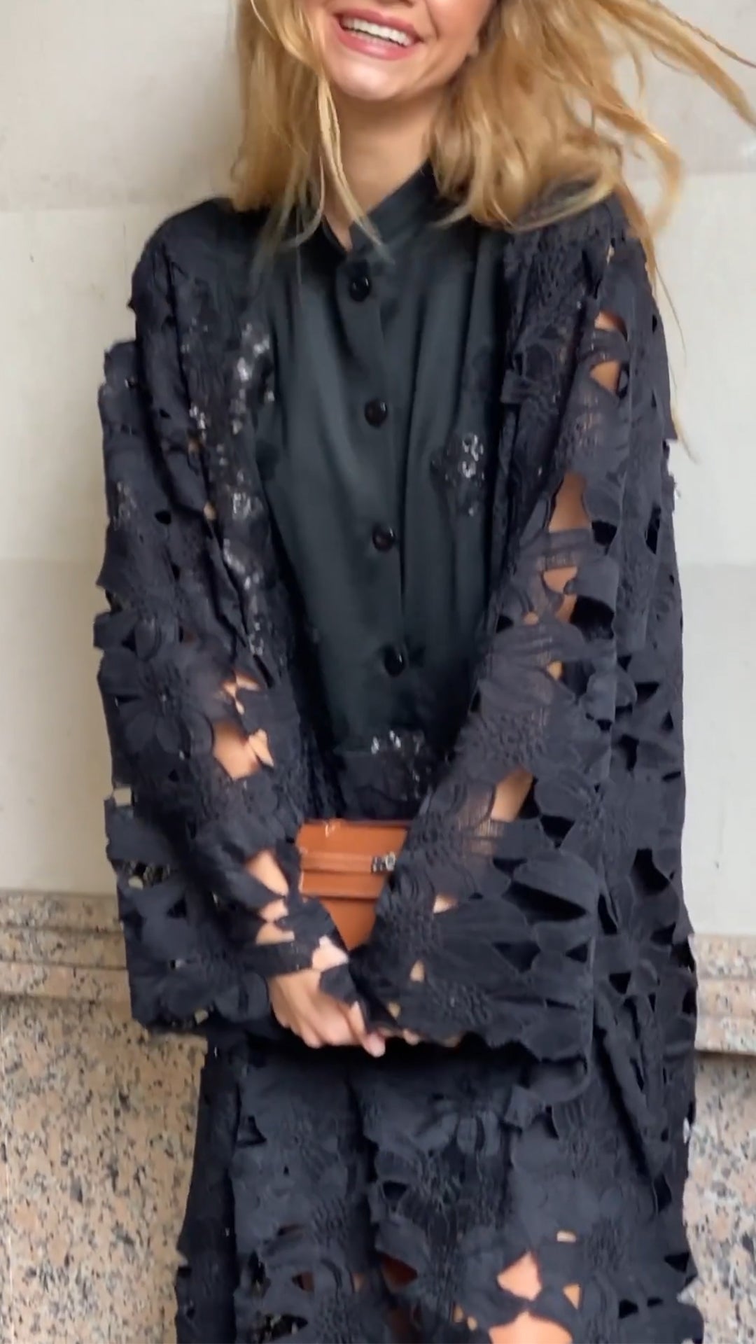 Ladies Round Neck Buckle Print Hollow Out Loose Casual Dress