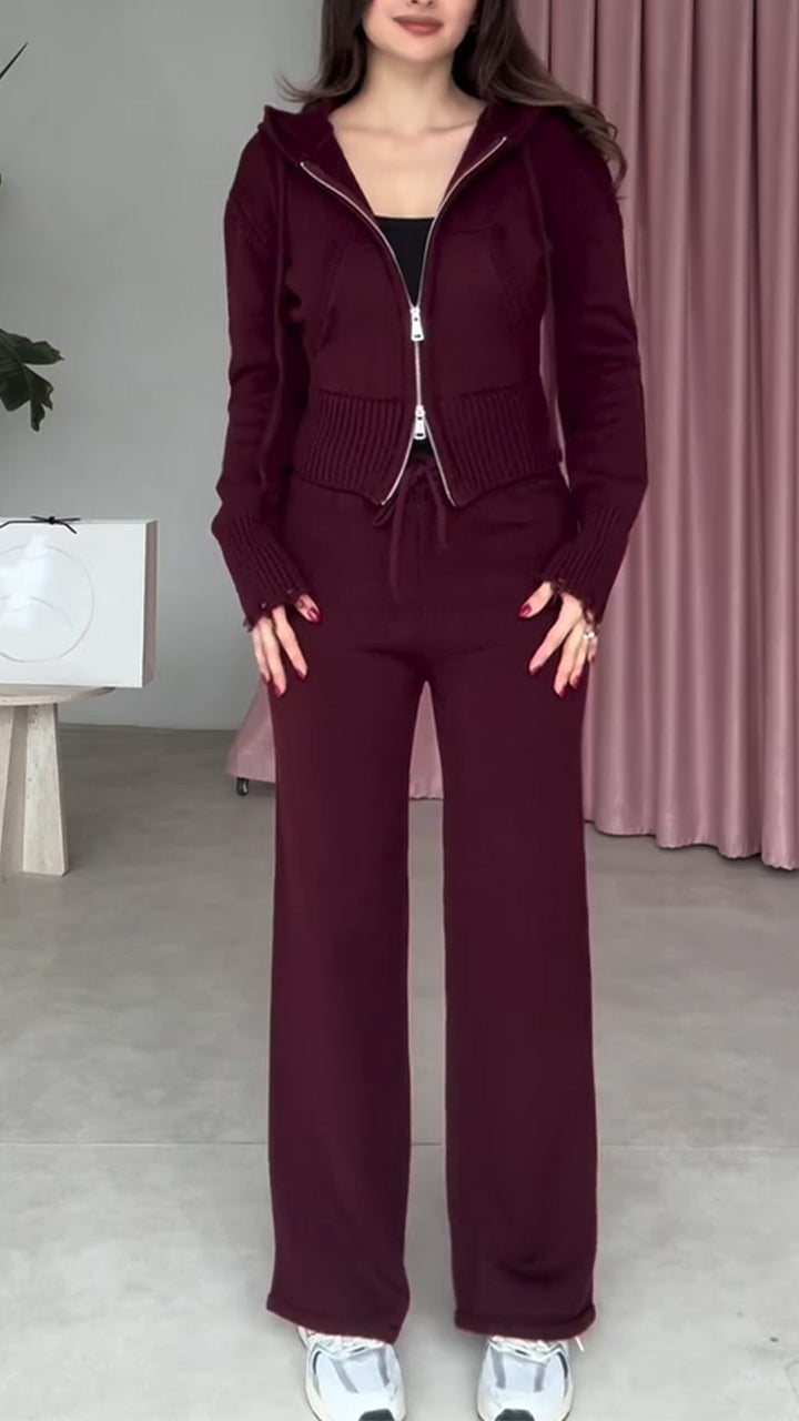 Ladies Lapel with Cap Drawstring Solid Color Leisure Knitted Set