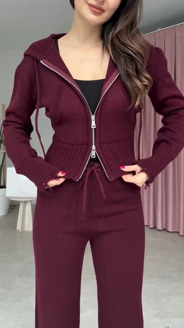 Ladies Lapel with Cap Drawstring Solid Color Leisure Knitted Set