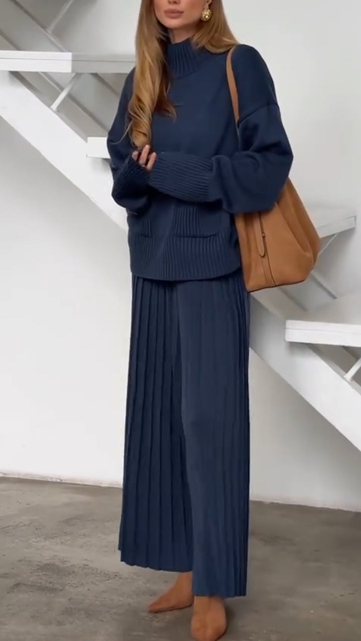 Women High Neck Knitted Sweater+ Pants Solid Color Casual Set