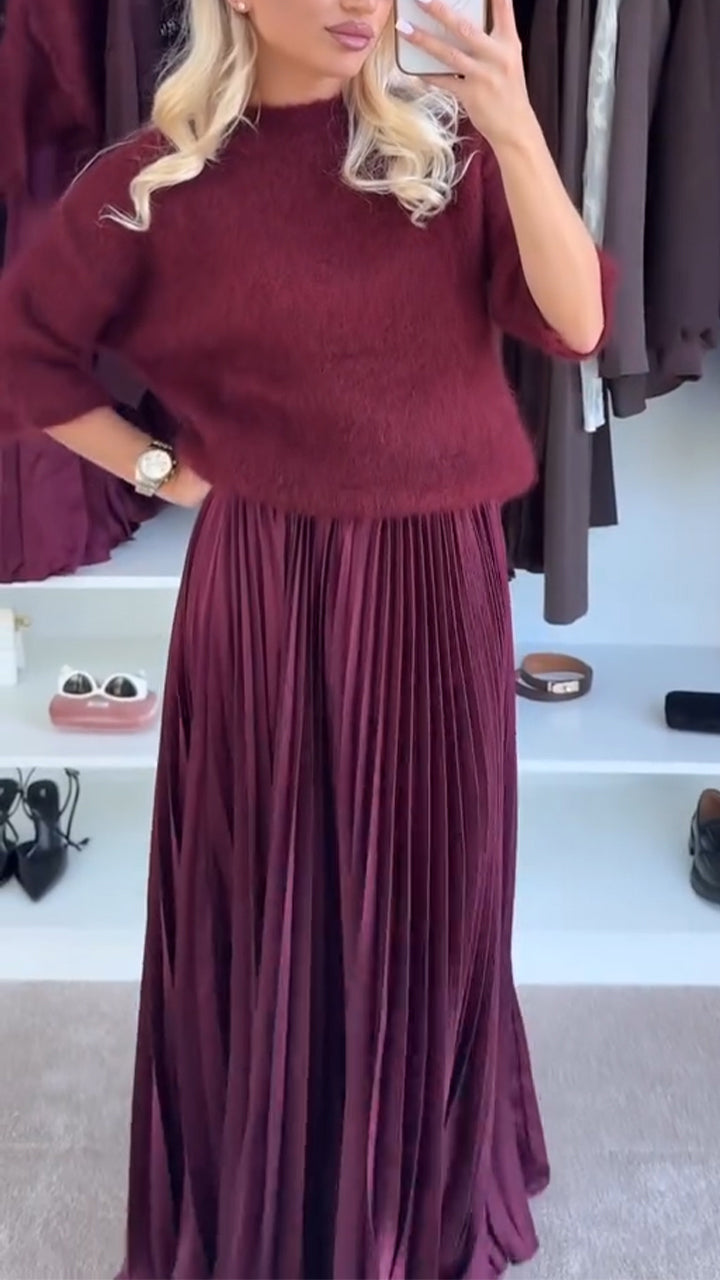 Ladies Round Neck Sweater+ Pleated Skirt Casual Set