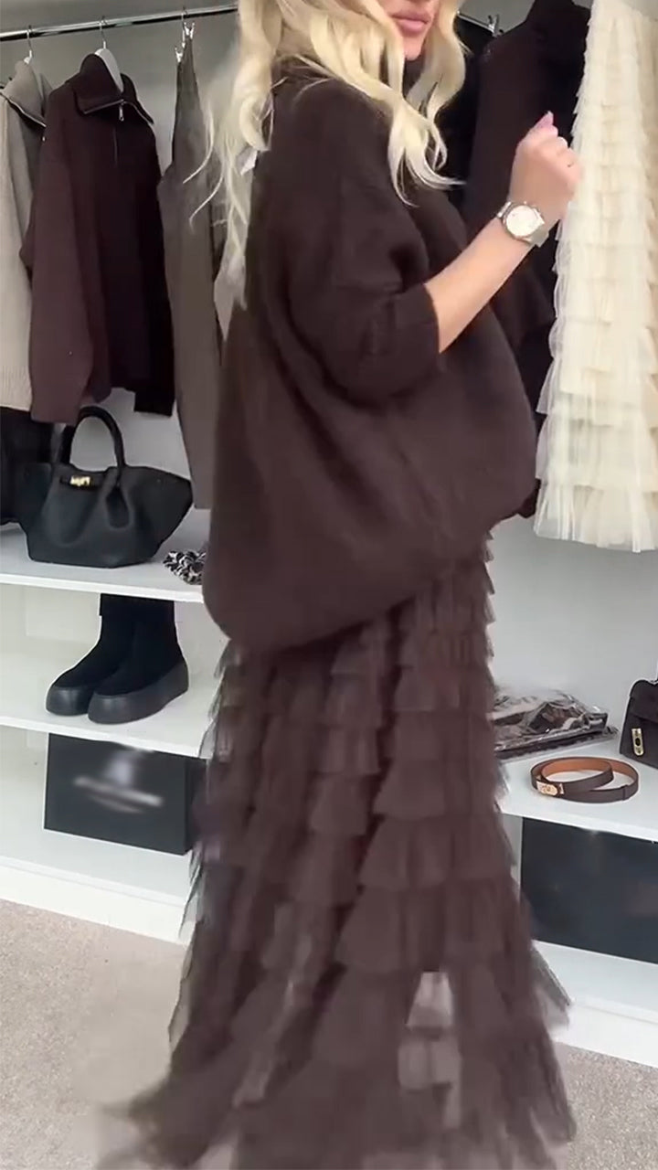 Women Turtleneck Sweater + Spliced Mesh Skirt Casual Suit