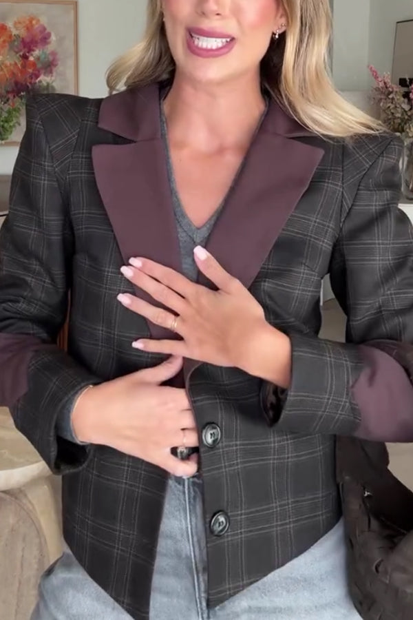 Women Elegant Office Plaid Color-Blocked Padded Shoulder Blazer