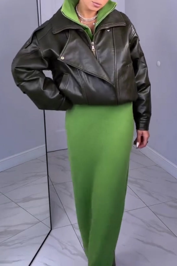 Women Simple Metal Zipper Turtleneck Sweater + Long Skirt Suit