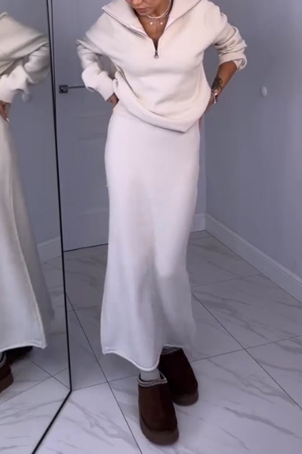 Women Simple Metal Zipper Turtleneck Sweater + Long Skirt Suit