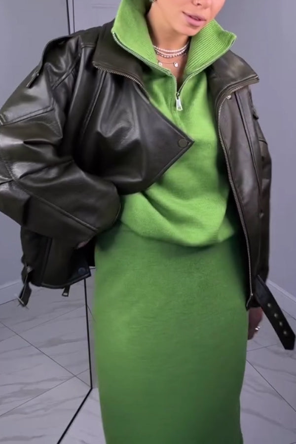 Women Simple Metal Zipper Turtleneck Sweater + Long Skirt Suit