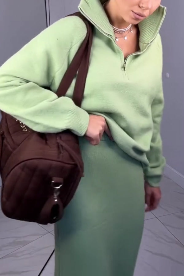 Women Simple Metal Zipper Turtleneck Sweater + Long Skirt Suit