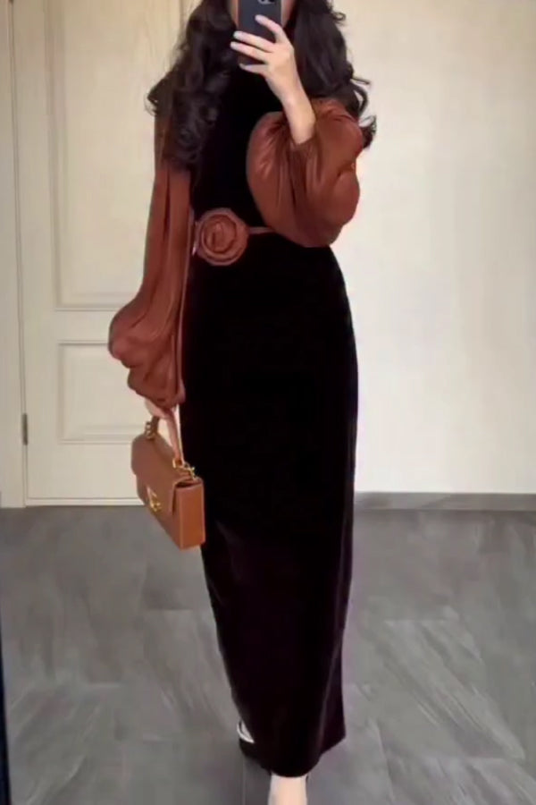 Women Elegant Color-Blocked Lantern Sleeve Floral Belt Dress