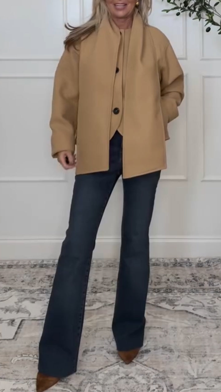 Women's Round Neck Button-down Coat + Scarf Set