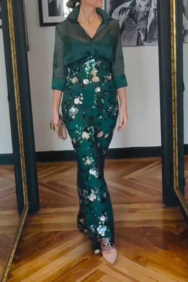 Women Elegant Sheer Organza Blouse + Sequin Embroidered Skirt Suit