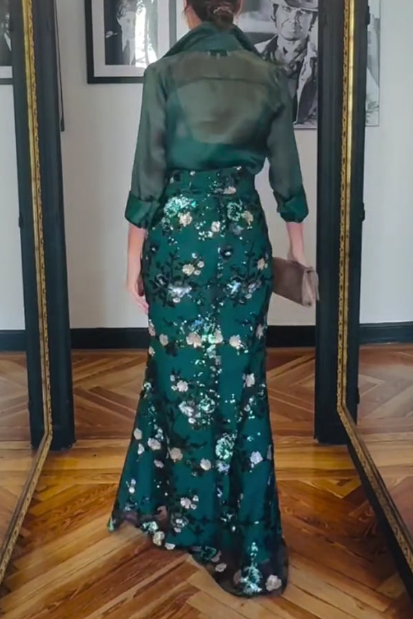 Women Elegant Sheer Organza Blouse + Sequin Embroidered Skirt Suit