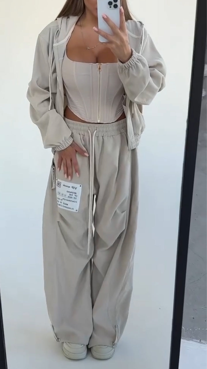 Women Hooded Drawstring Jacket + Pants Casual Suit