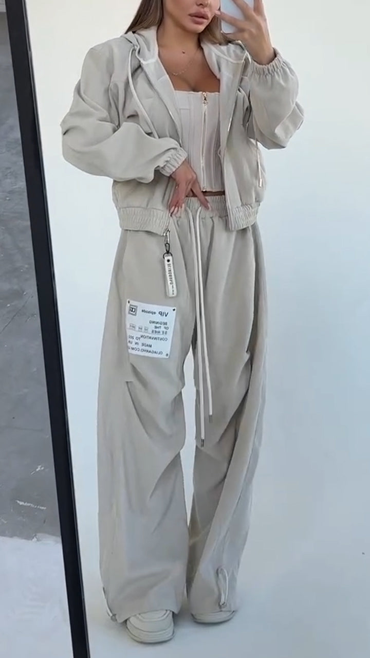 Women Hooded Drawstring Jacket + Pants Casual Suit