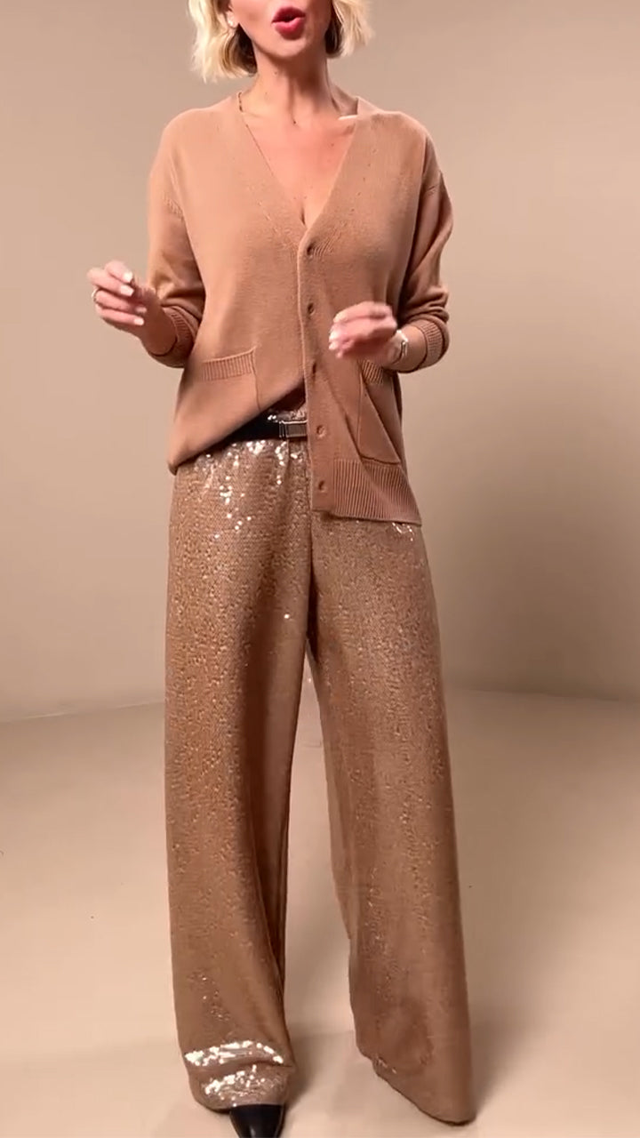 Women V-neck Knitted Cardigan + Sequined Pants Casual Suit