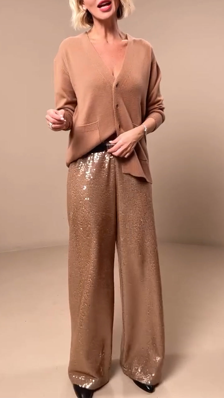 Women V-neck Knitted Cardigan + Sequined Pants Casual Suit