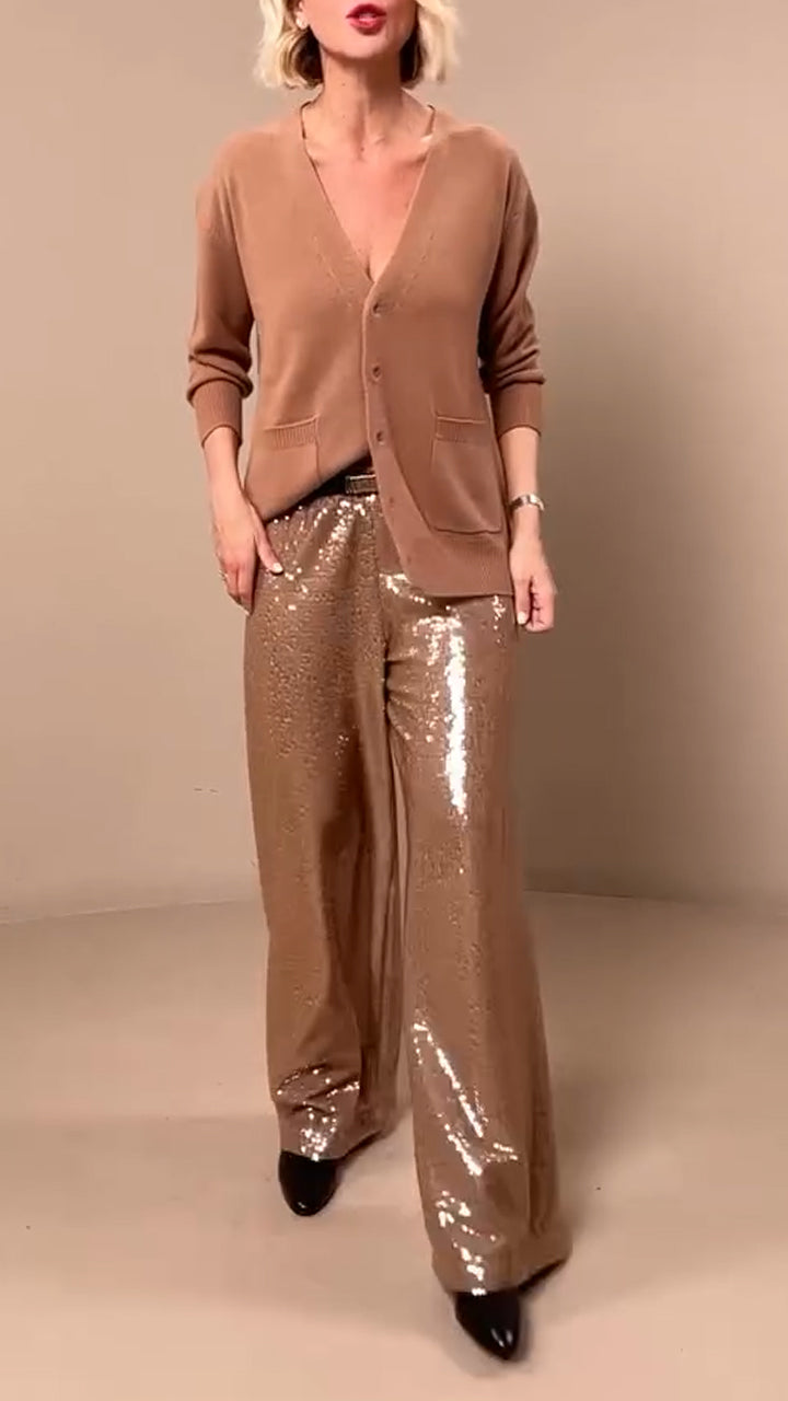 Women V-neck Knitted Cardigan + Sequined Pants Casual Suit