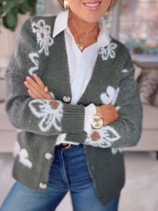 Women Printed Button-Down Casual Plush Cardigan