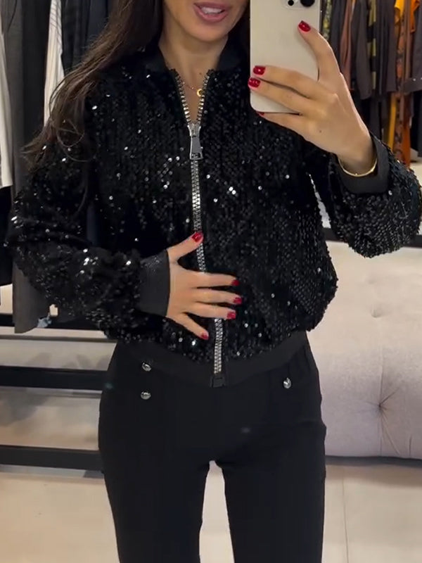 Women Round Neck Zip-up Sequined Glitter Casual Jacket