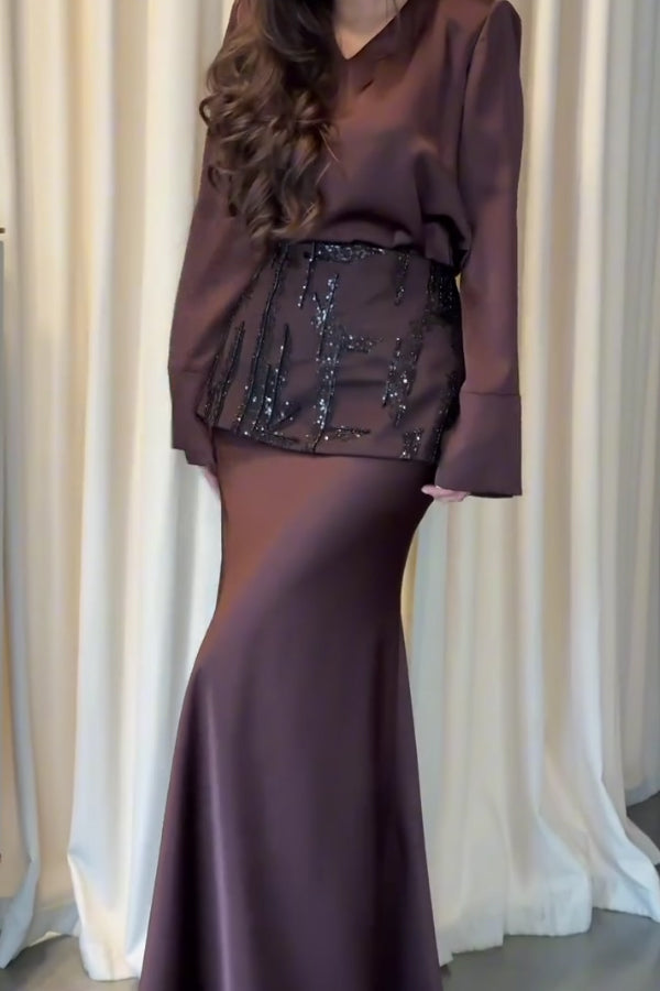 Women Elegant V-Neck Satin Embroidered Waist Belt Dress