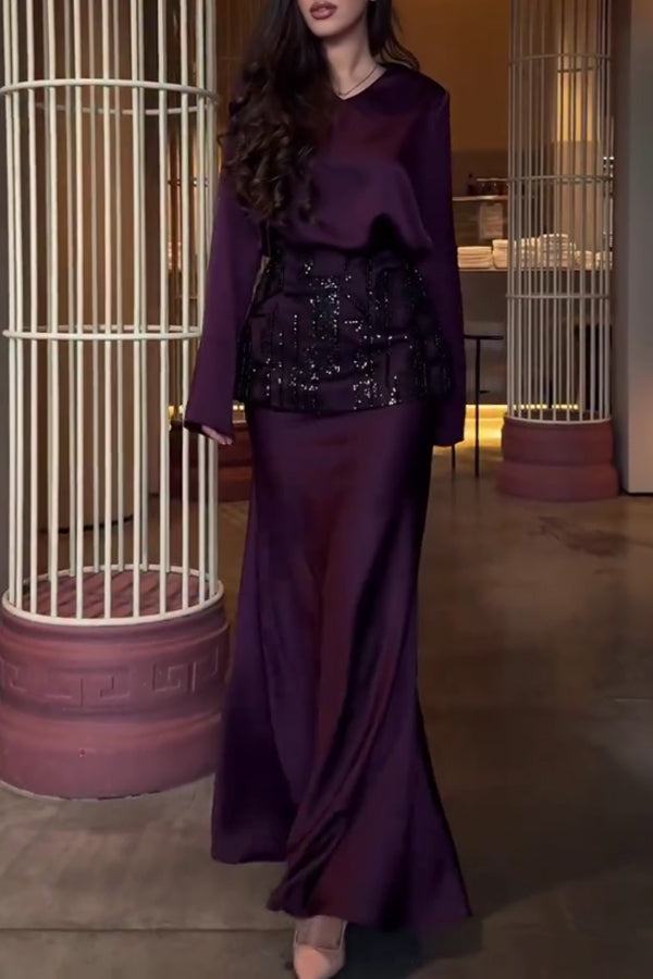 Women Elegant V-Neck Satin Embroidered Waist Belt Dress