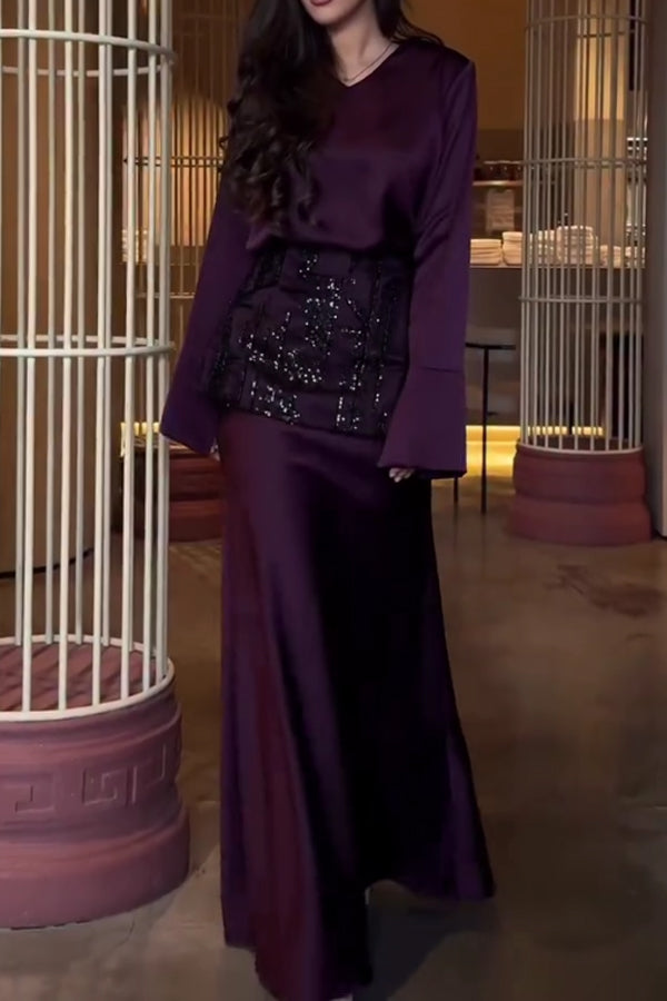 Women Elegant V-Neck Satin Embroidered Waist Belt Dress