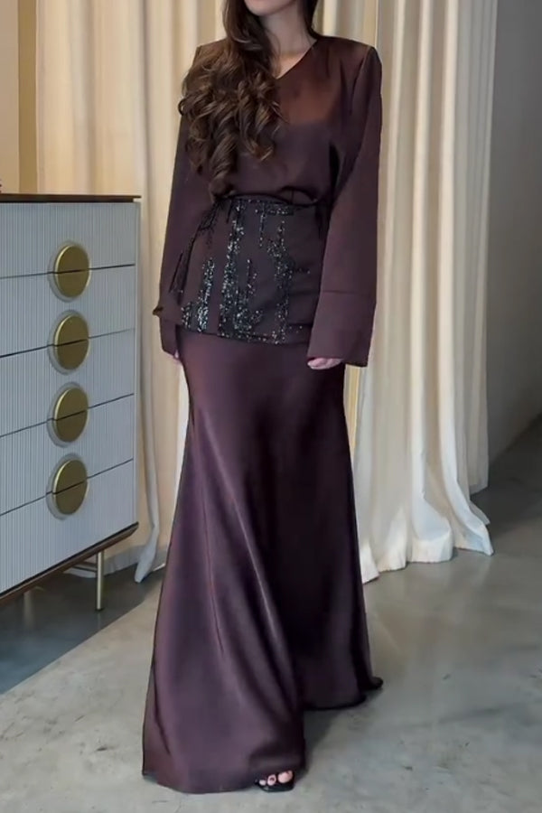 Women Elegant V-Neck Satin Embroidered Waist Belt Dress