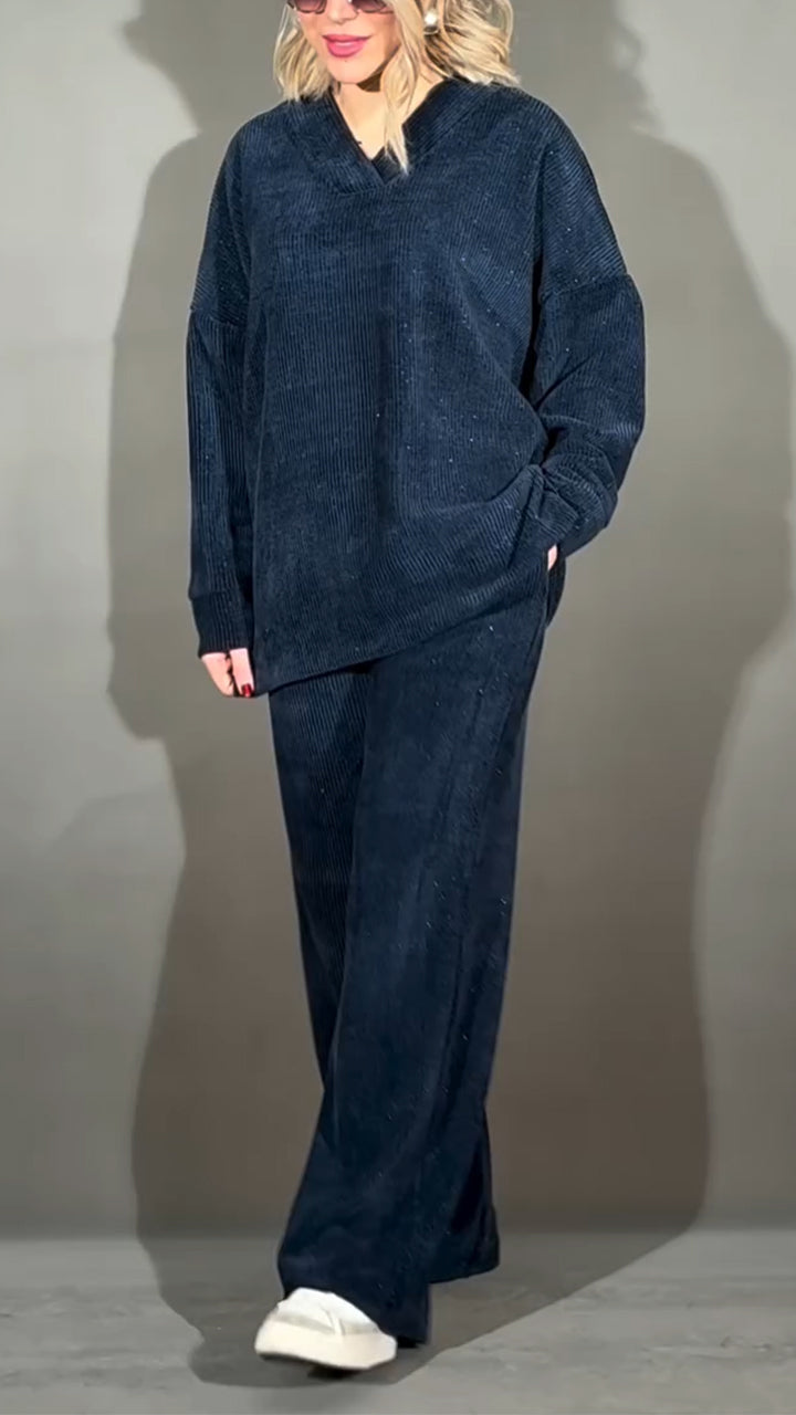 Women V-neck Solid Color Fine Glitter Casual Suit