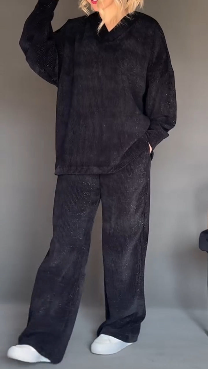 Women V-neck Solid Color Fine Glitter Casual Suit