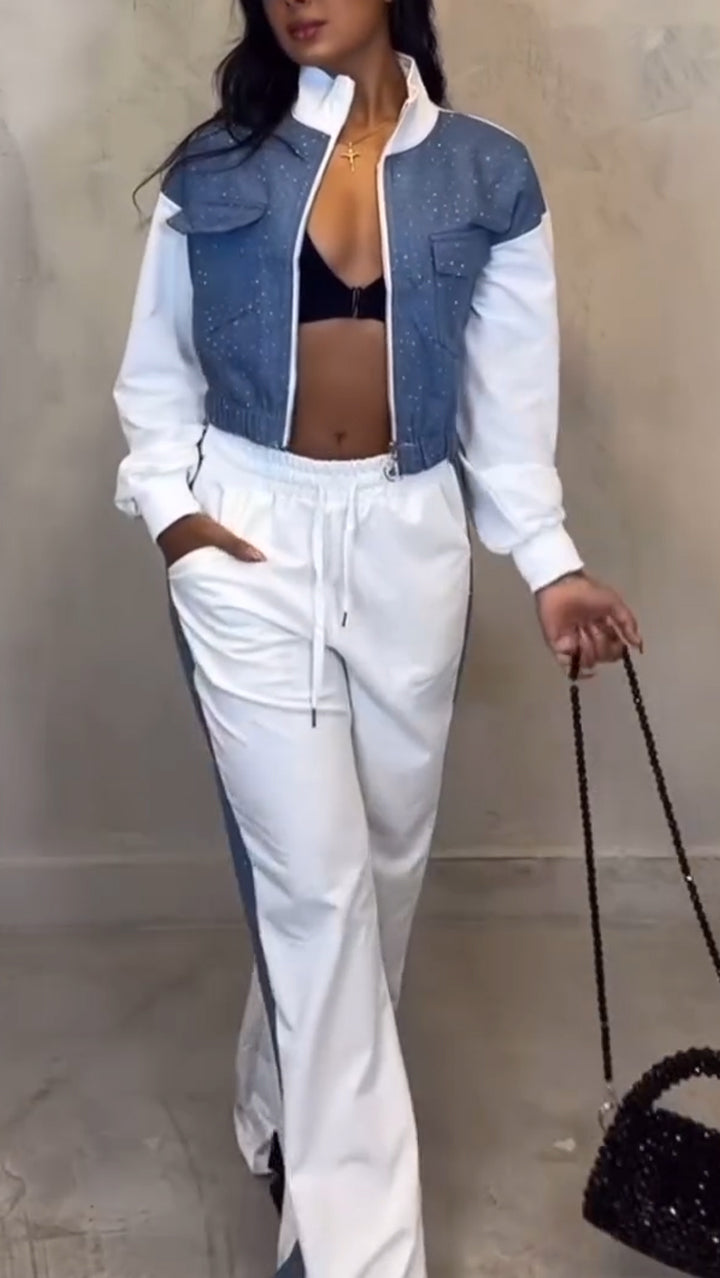 Women Stand Collar Patchwork Rhinestone Jacket + Trousers Casual Set