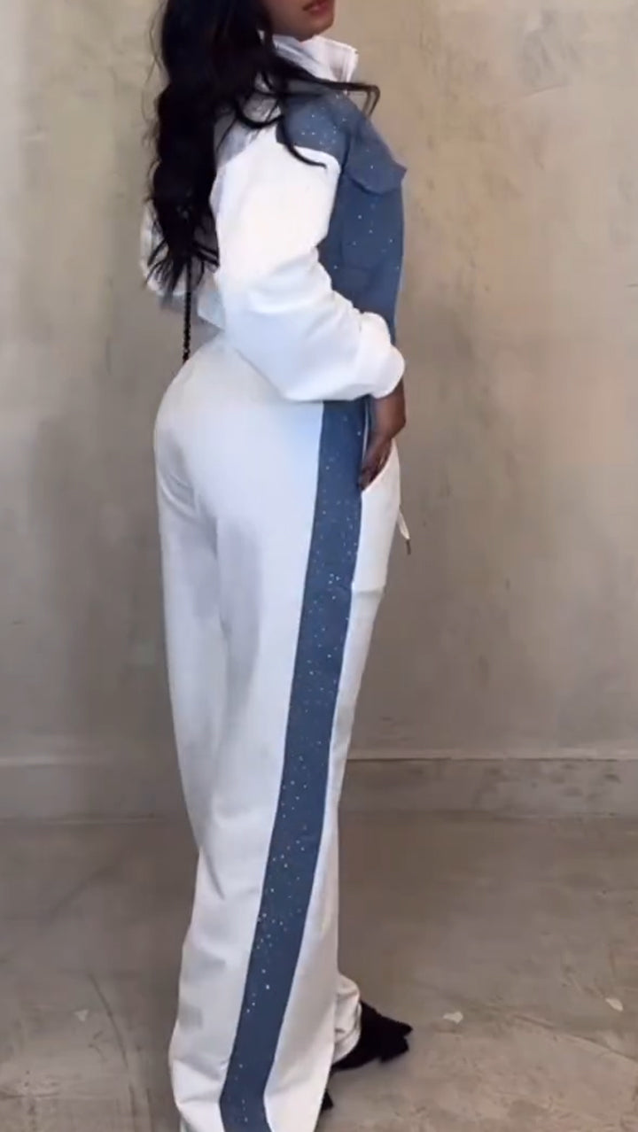 Women Stand Collar Patchwork Rhinestone Jacket + Trousers Casual Set