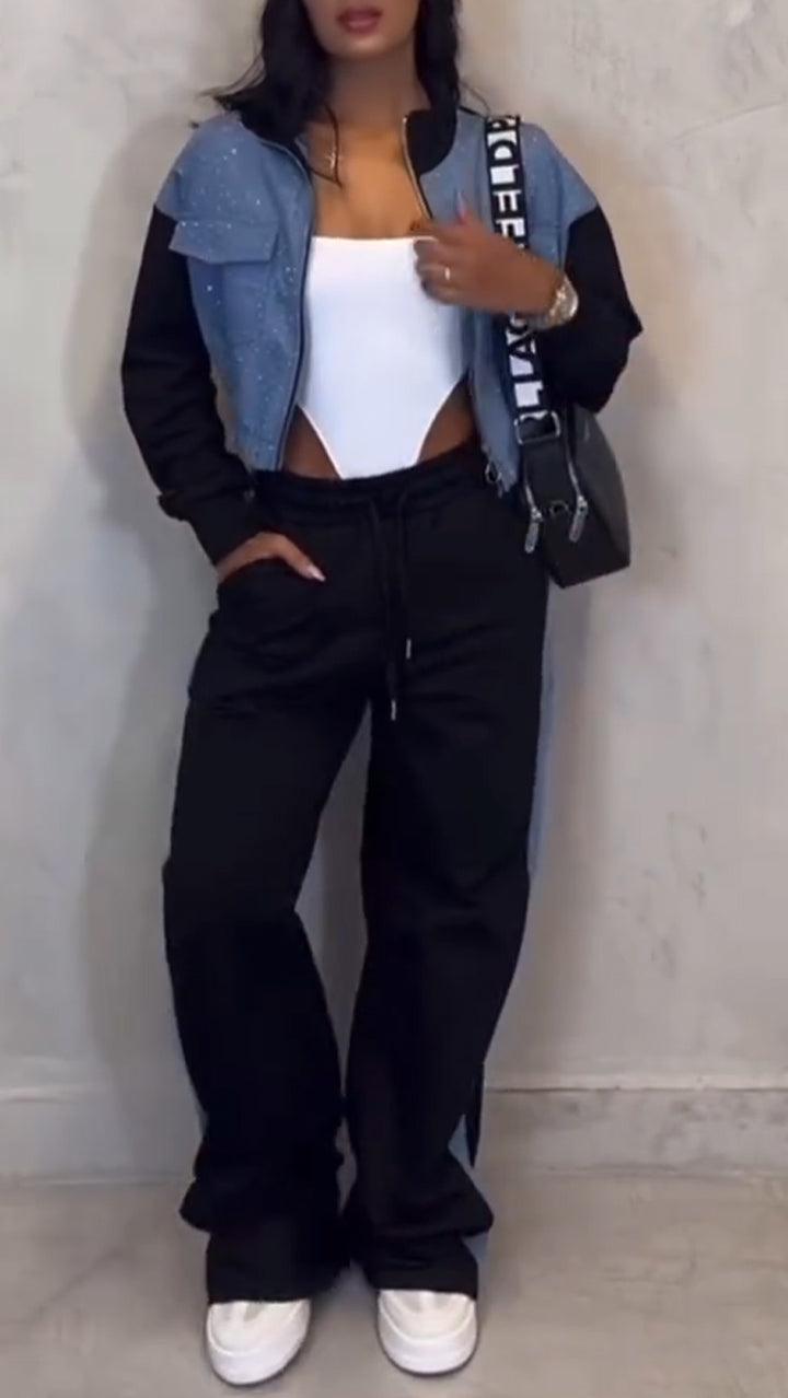 Women Stand Collar Patchwork Rhinestone Jacket + Trousers Casual Set