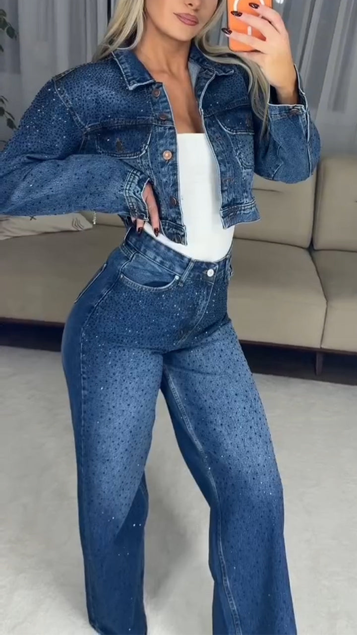 Women Lapel Rhinestone Washed Casual Denim Suit
