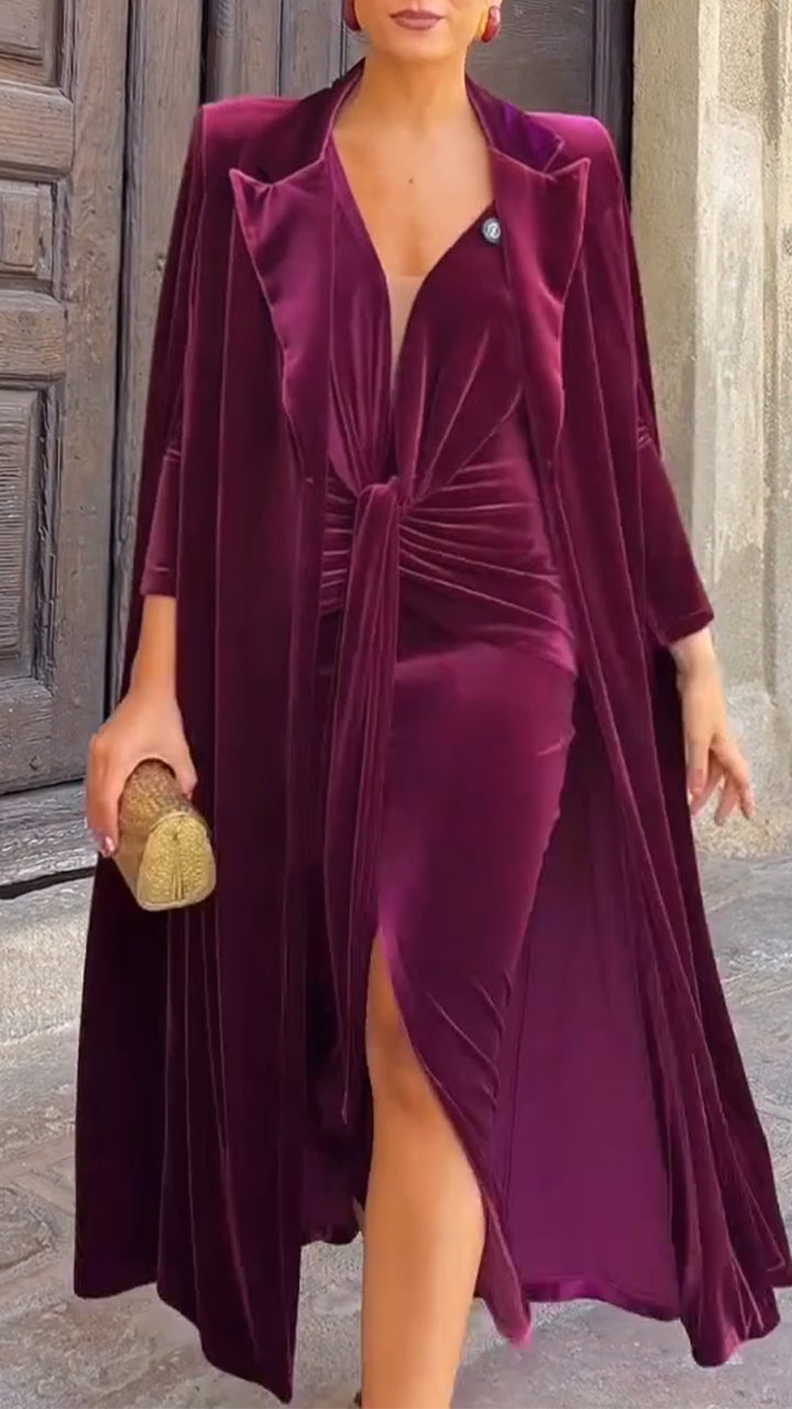 Ladies Interior Split Slim Fit Dress+ Cardigan Solid Color Elegant Temperament Set