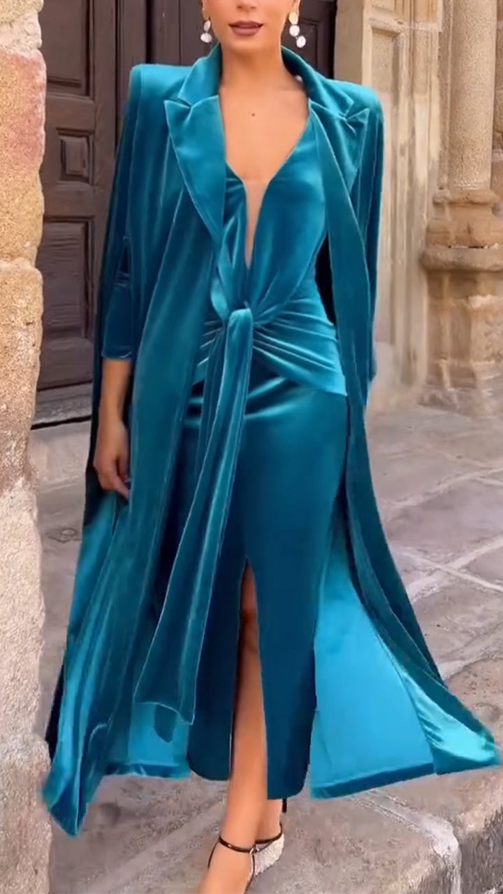 Ladies Interior Split Slim Fit Dress+ Cardigan Solid Color Elegant Temperament Set