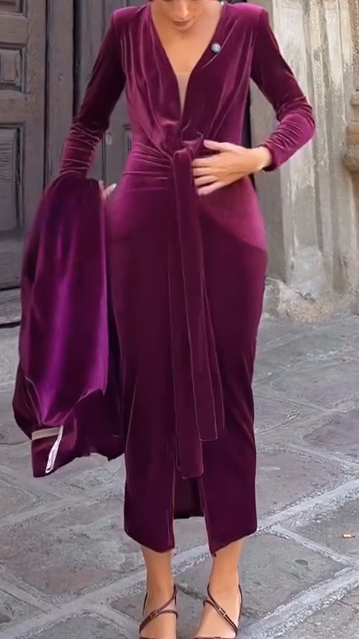 Ladies Interior Split Slim Fit Dress+ Cardigan Solid Color Elegant Temperament Set