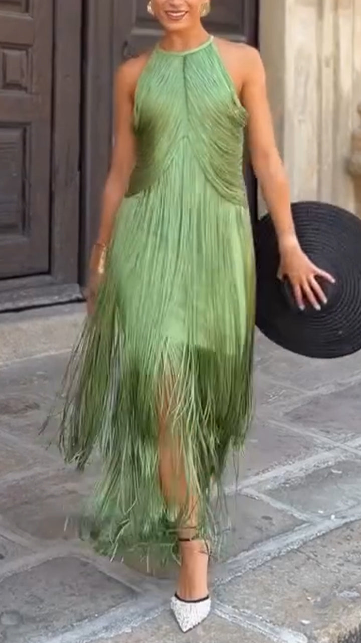 Women Halter Neck Tassel Solid Color Evening Party Dress