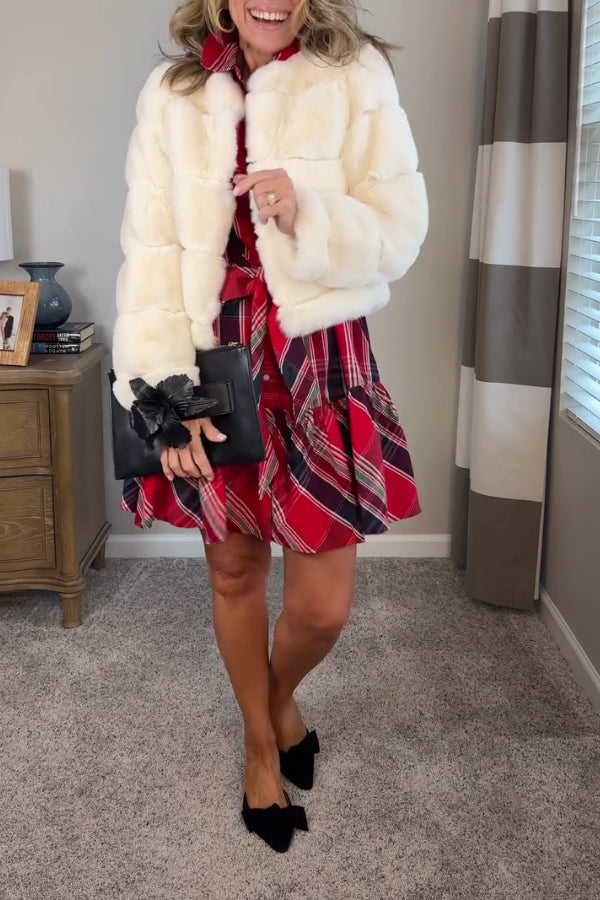 Women Christmas New Year Plaid Tie-Waist A-line Shirt Dress