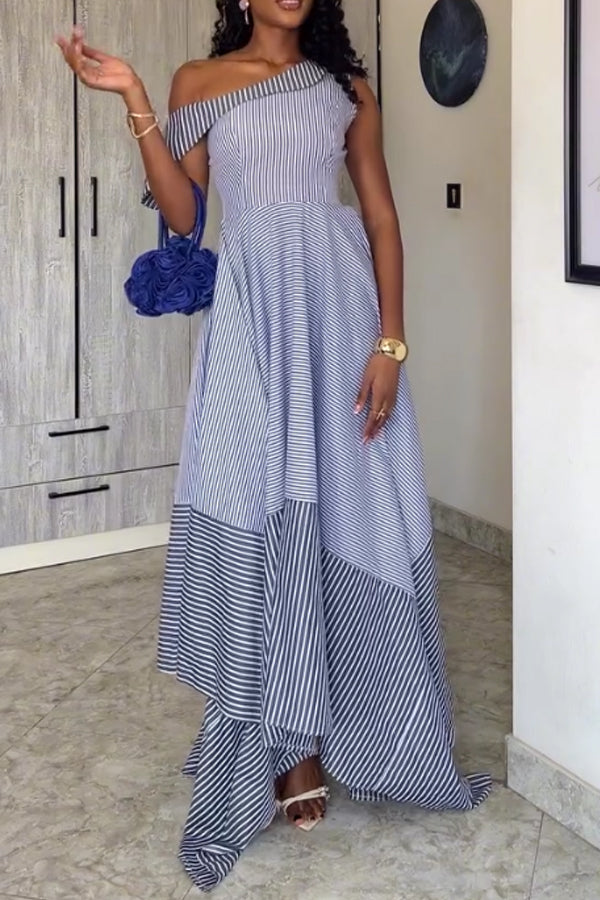 Women Elegant Striped Asymmetrical Off-Shoulder A-line Dress