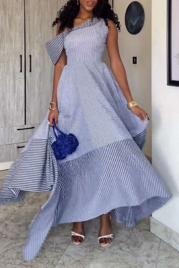 Women Elegant Striped Asymmetrical Off-Shoulder A-line Dress